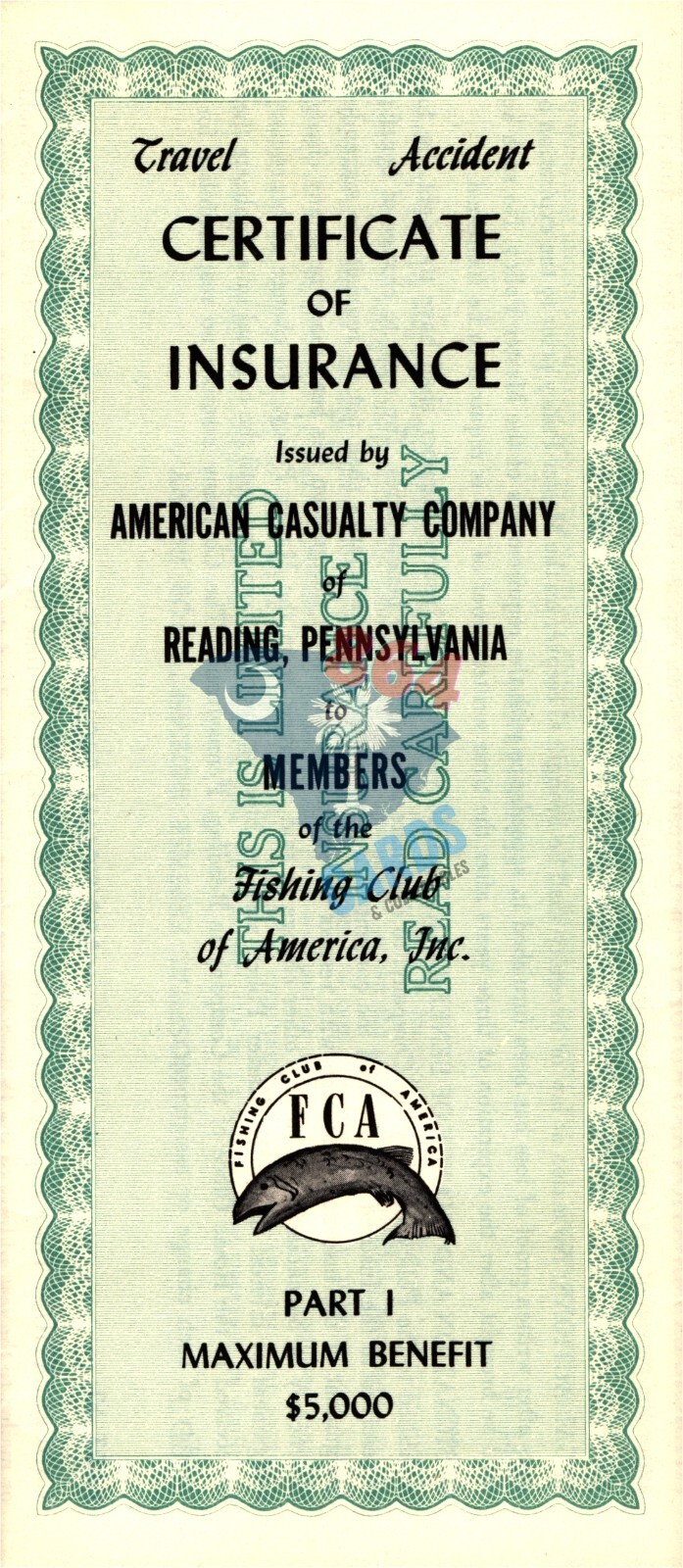 Fishing Club America Travel Accident Insurance Certificate Redding PA