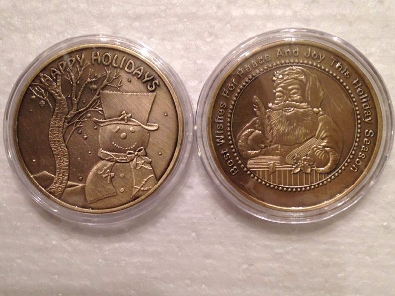 5-Christmas Coin Santa Snowman Peace Happy Holidays Antique Bronze Layer