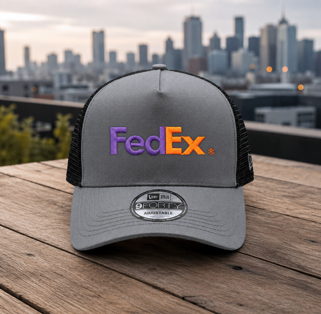 FedEx Trucker Hat Cap Grey Mesh Adjustable Snapback Logo - Embroidered Cap