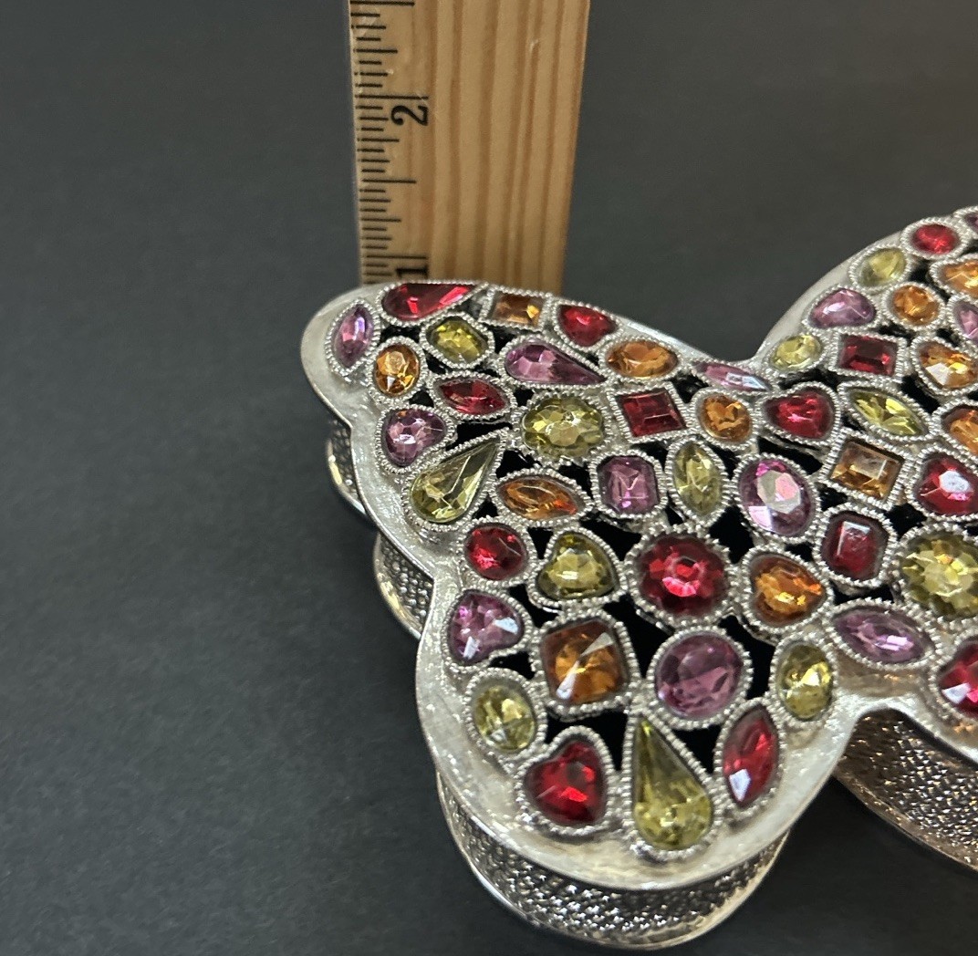 Vtg Neiman Marcus Swarovski Crystal Silver Plated Butterfly Trinket Box