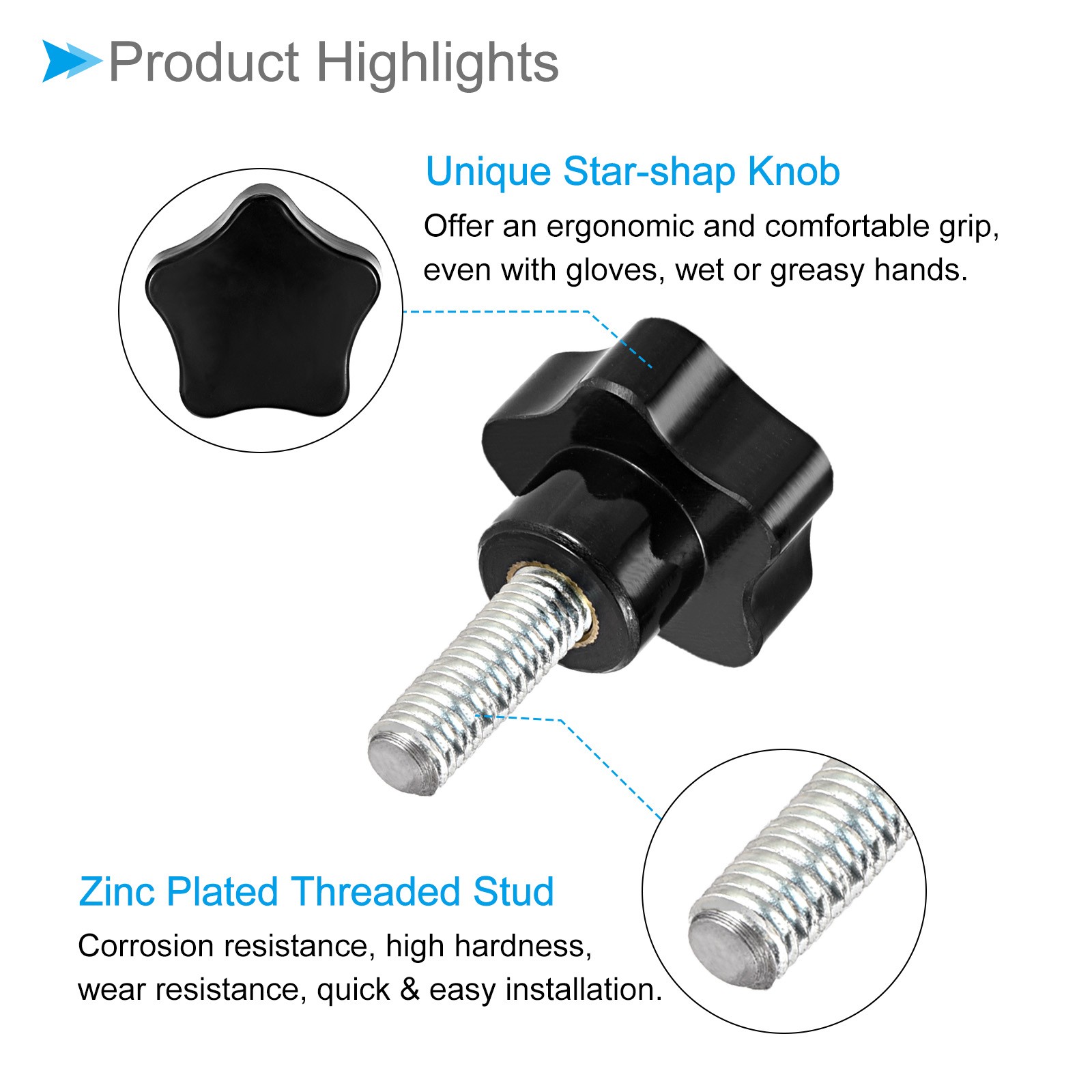 Star Clamping Knobs, M10 x 25mm Thread 47.5mm Head, Thumb Screw Grip, 2-Pieces