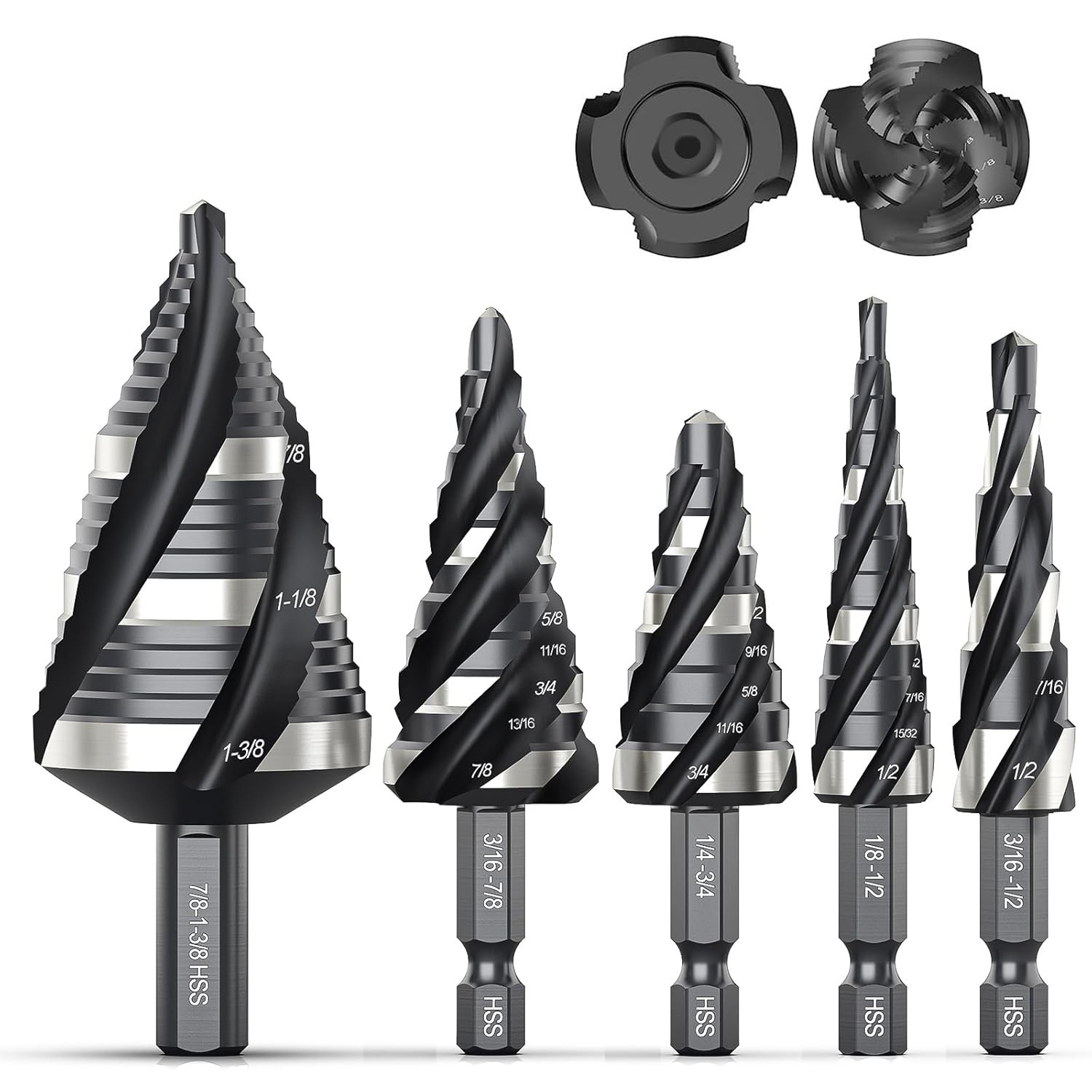 Spiral Flute Step Drill Bit Set, 5 Pcs HSS Step Drill Bits Unibit Step Drill Bit