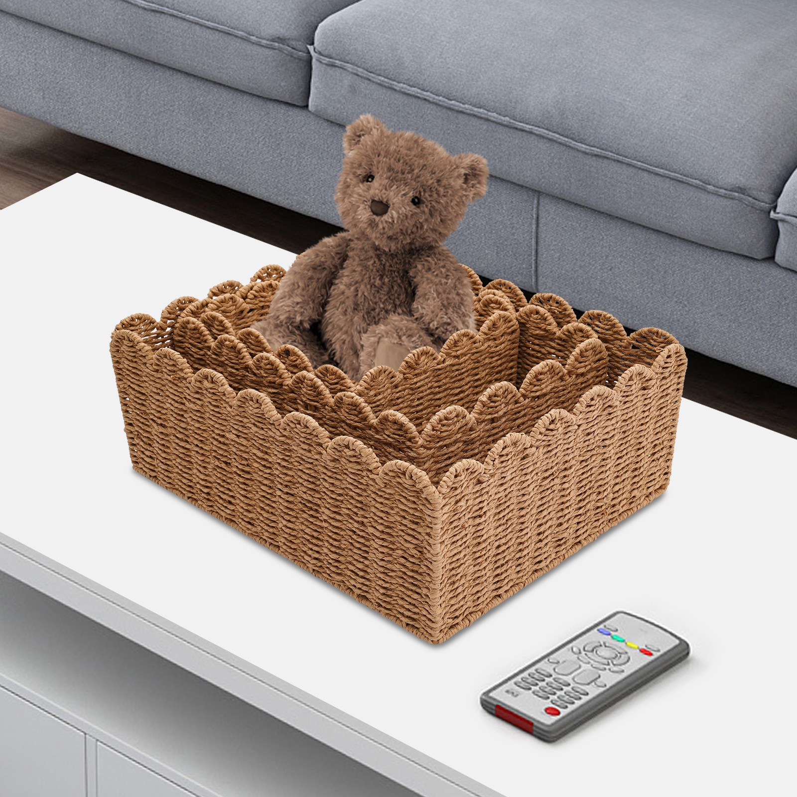 3-Piece Woven Storage Baskets Set Brown Rectangular Baskets for Desktop Organize