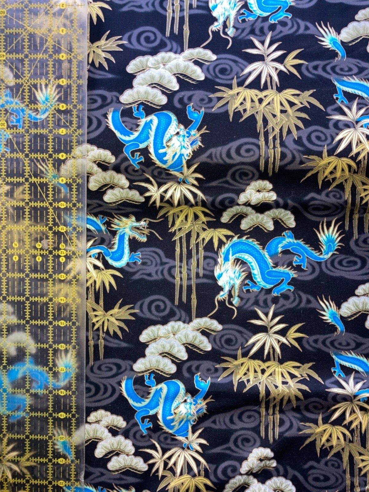 Fabric Visions Dynasty II QUILT FABRIC - Oriental Dragon (blue) on Black