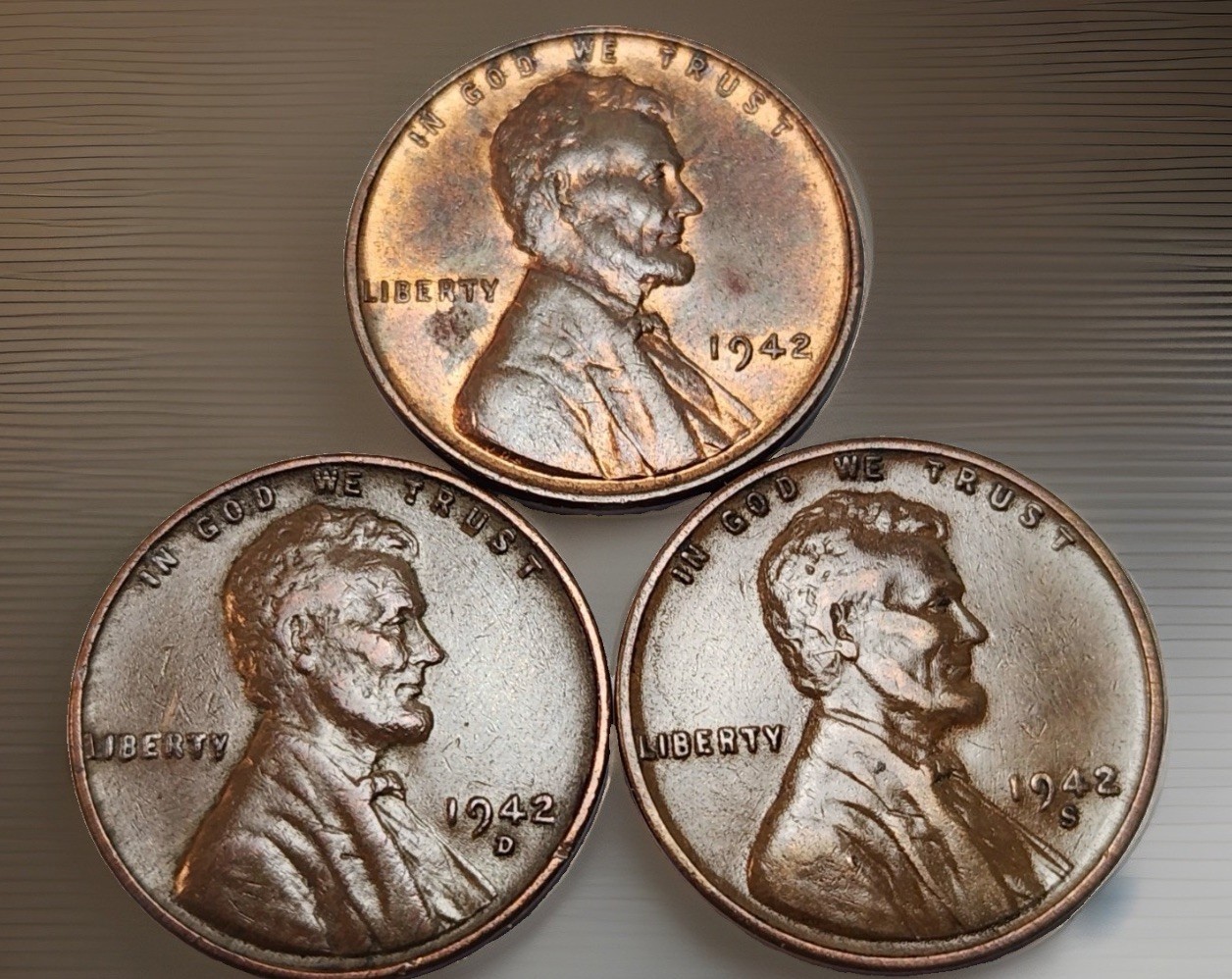 1942 P D S Lincoln Wheat Cents, (3) Penny Lot, Great For Albums