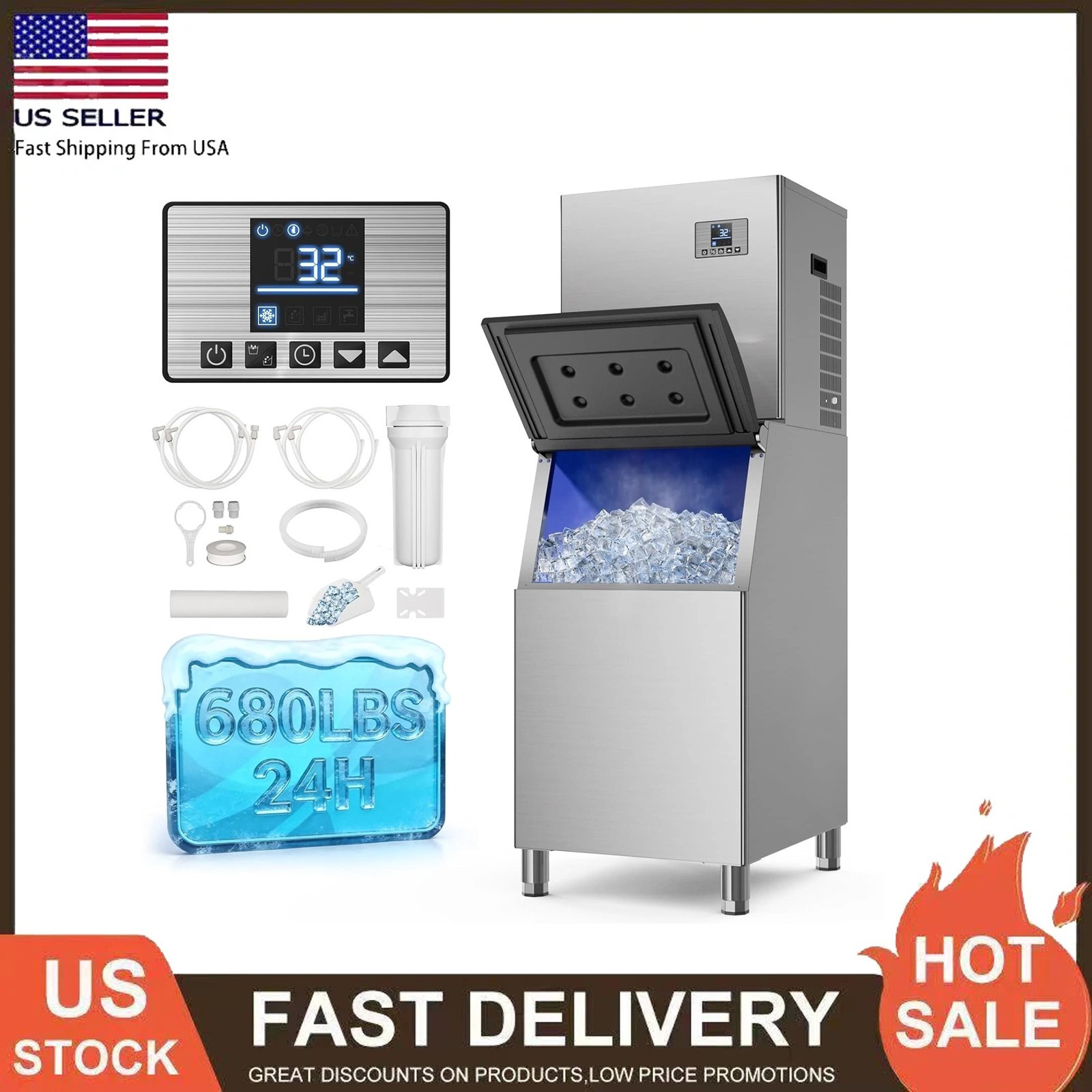 680LBS/24h Commercial Ice Maker Machine Ice Ready in 8-15 Min, ETL Self Cleaning