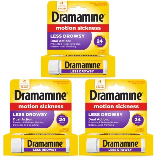 Dramamine Motion Sickness Relief Less Drowsey Formula, 8 Count (Pack of 3)