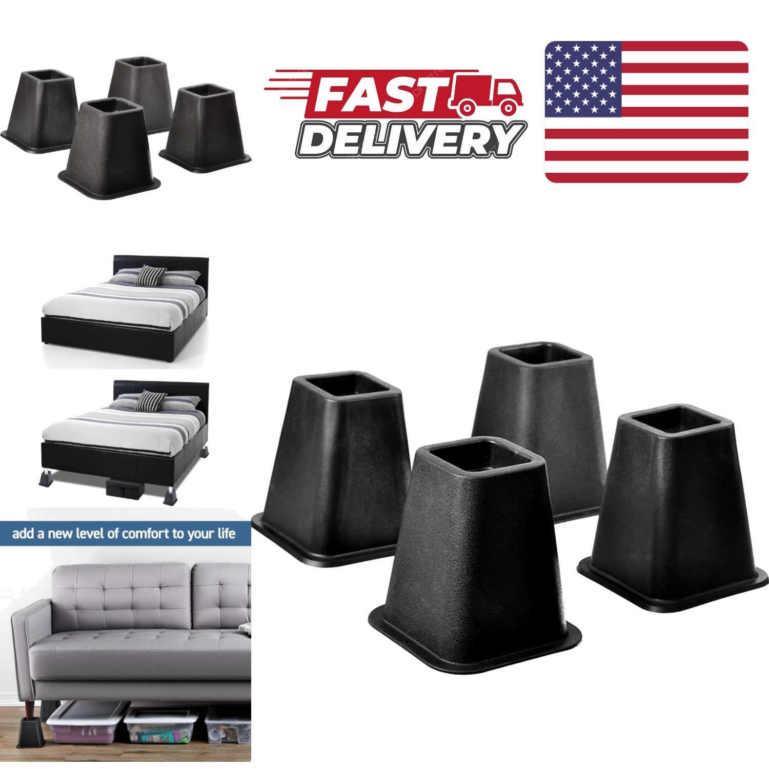 5 Inch Black Bed Risers Durable Plastic Stackable Furniture Elevators for Dorms
