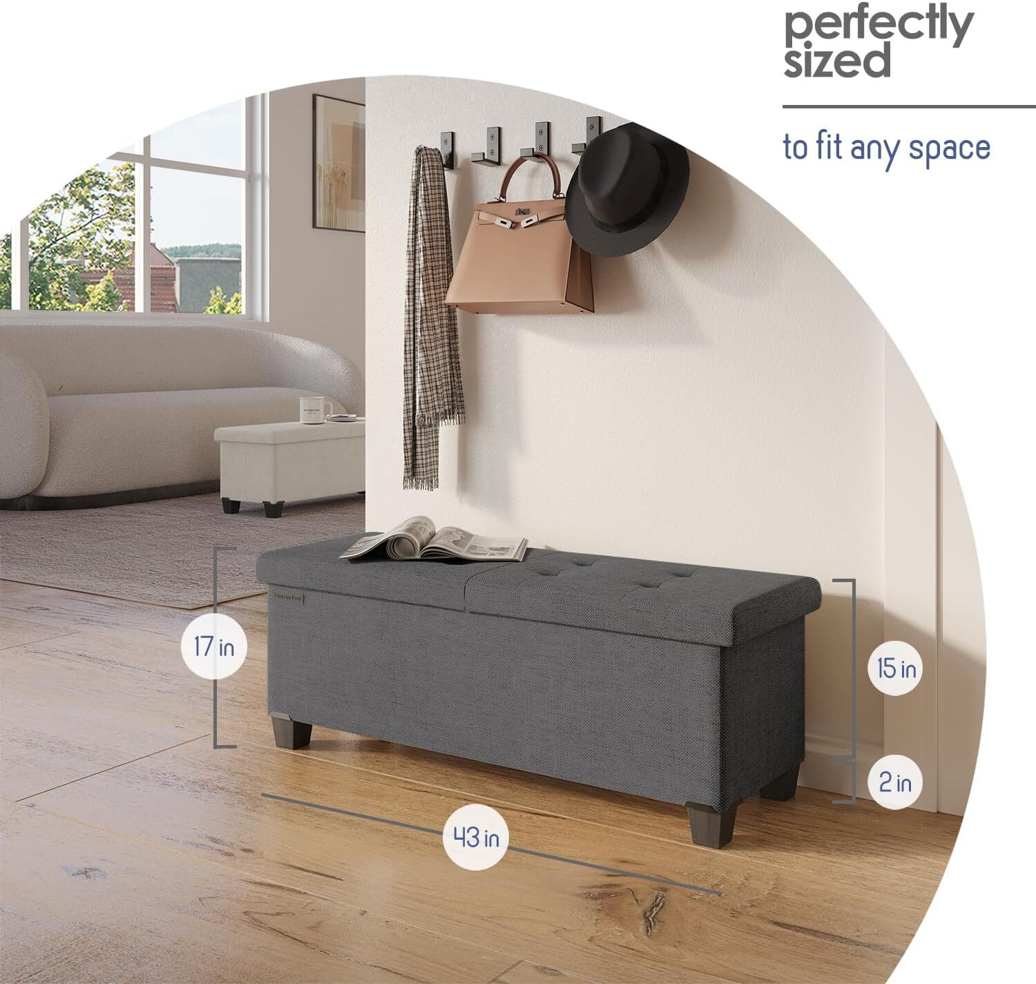 Storage Ottoman with Organizer, 43-Inch Bedroom End-of-Bed Storage Bench