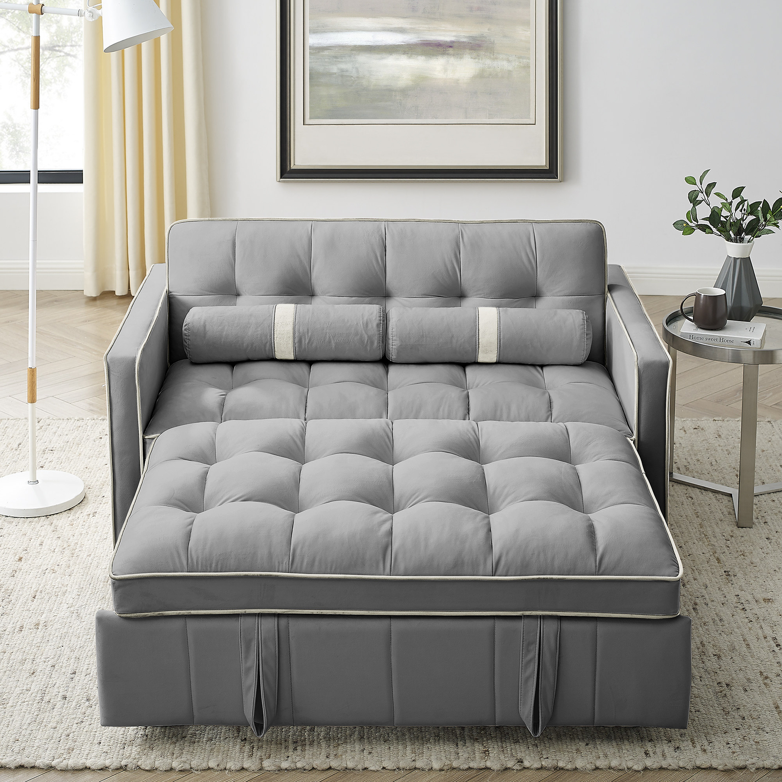 55.5" Pull Out Sleep Sofa Bed 2 Seater Loveseats Sofa Couch w/ Side Pockets