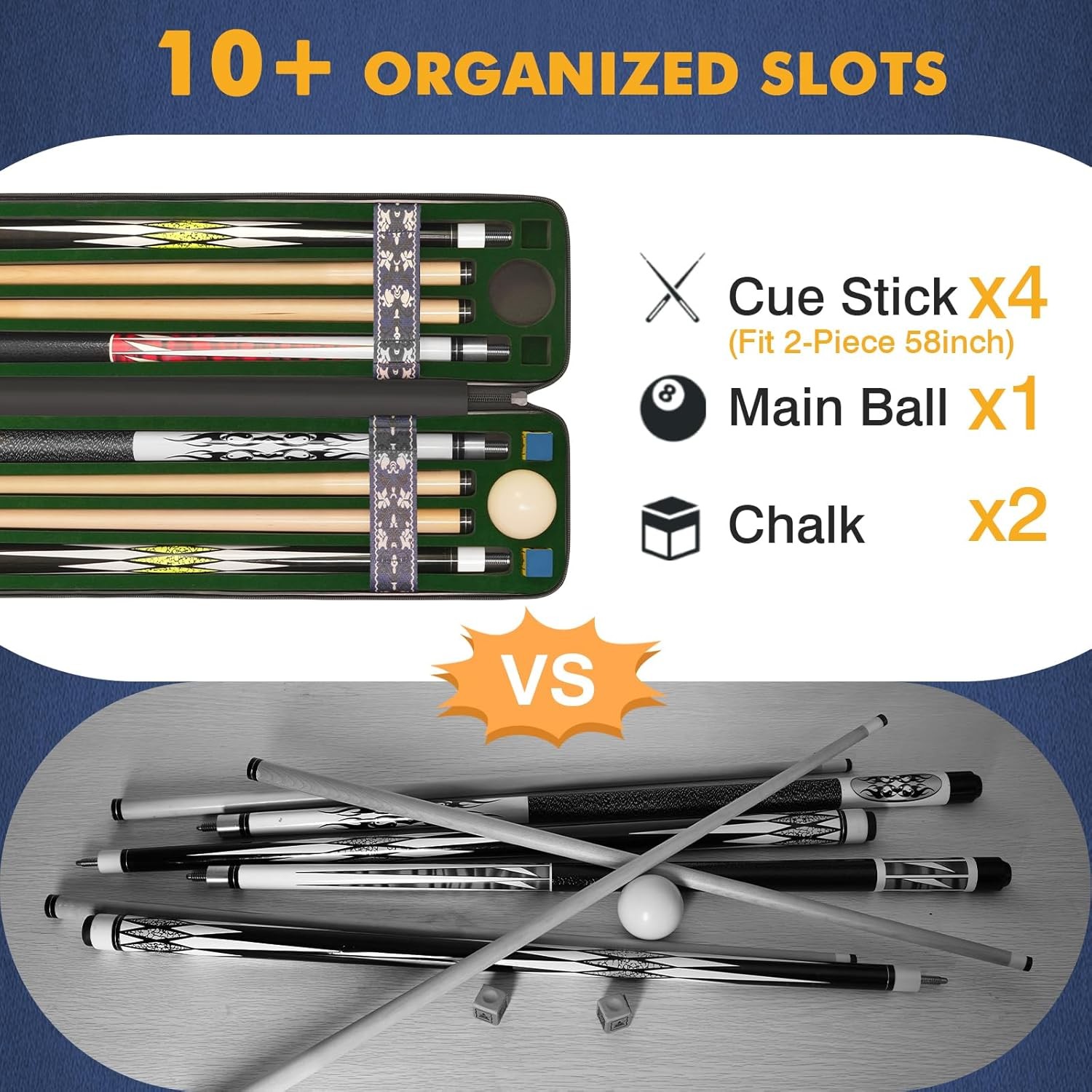 Pool Cue Case, Hard Shell Pool Stick Case 4X4 with 10 Padded Slots, Heavy-Duty B
