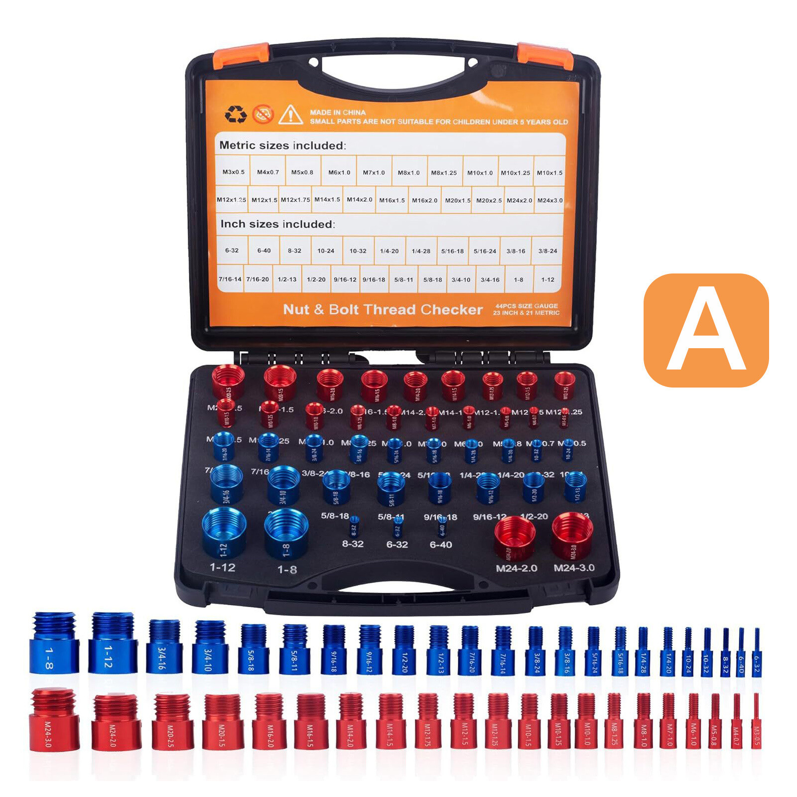 US 44pcs Nut & Bolt Thread Checker Identifier Inch & Metric Thread Gauges W/Box