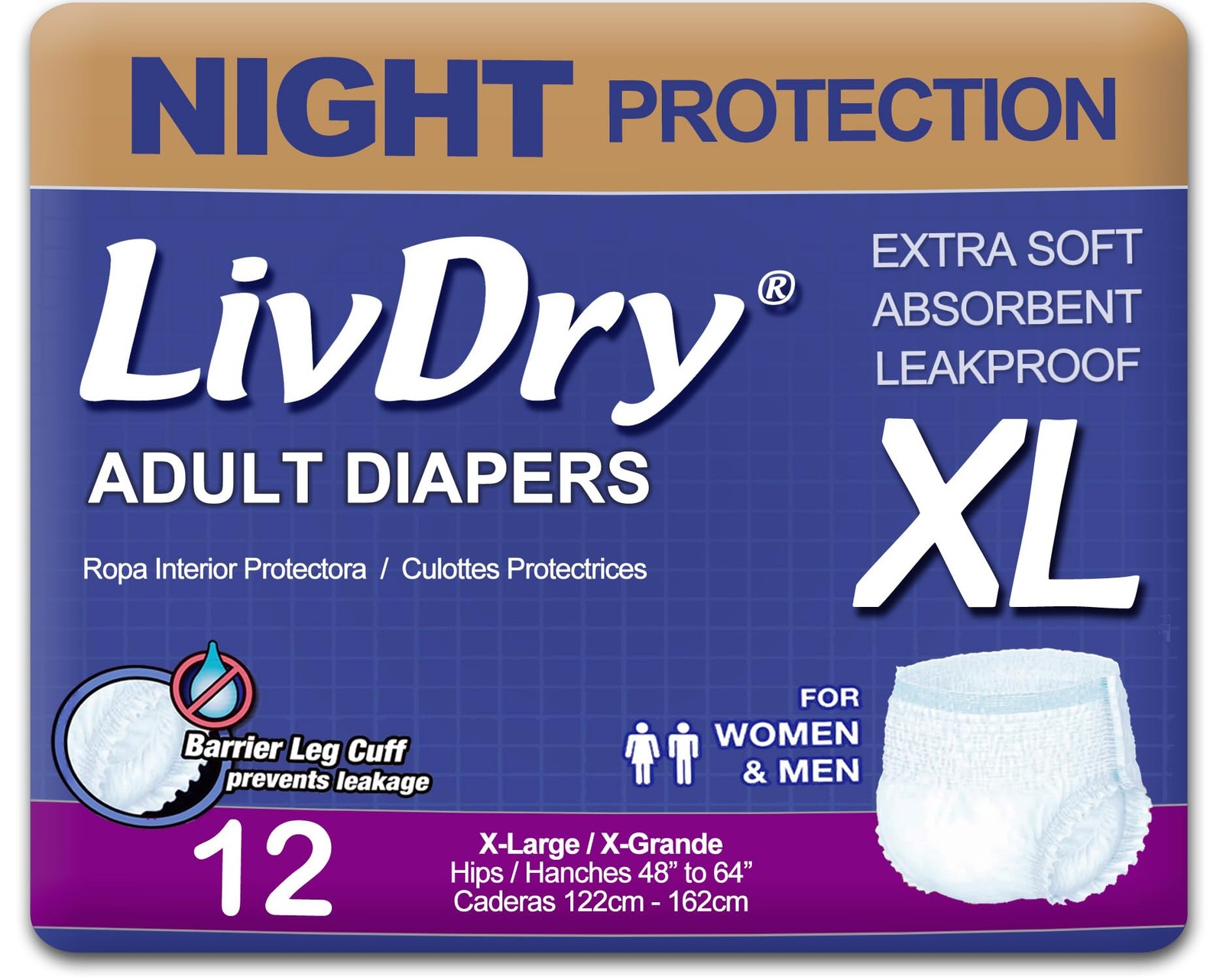 LivDry XL Overnight Adult Diapers for Women and X-Large (12 Count), White