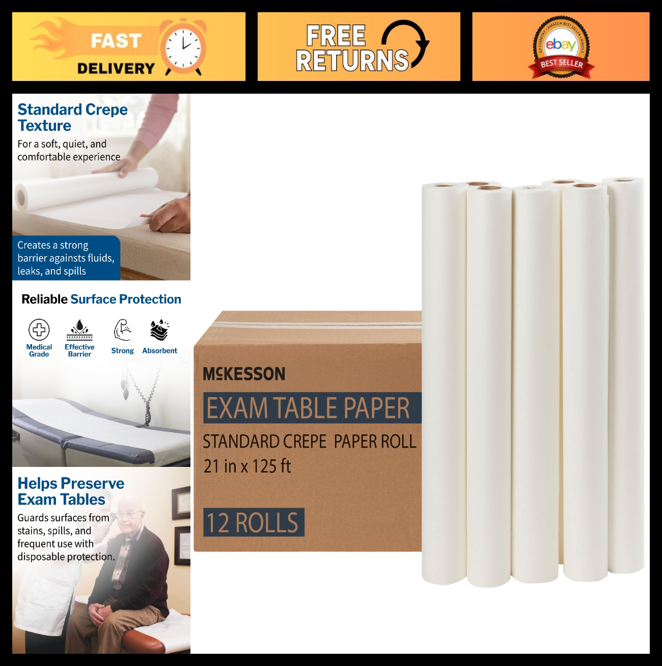 Disposable Exam Table Paper Rolls - 12 Pack, 21"x125ft Smooth White Cover for Sp