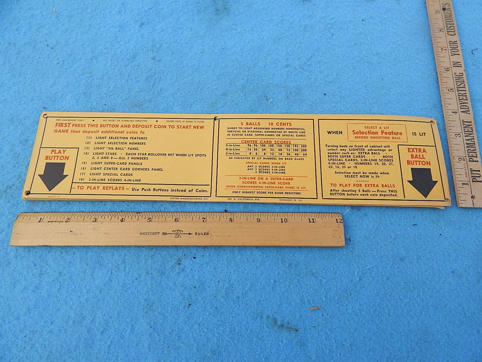 1953 United TAHITI Instruction & Award Card ~ 4 by 16 inches
