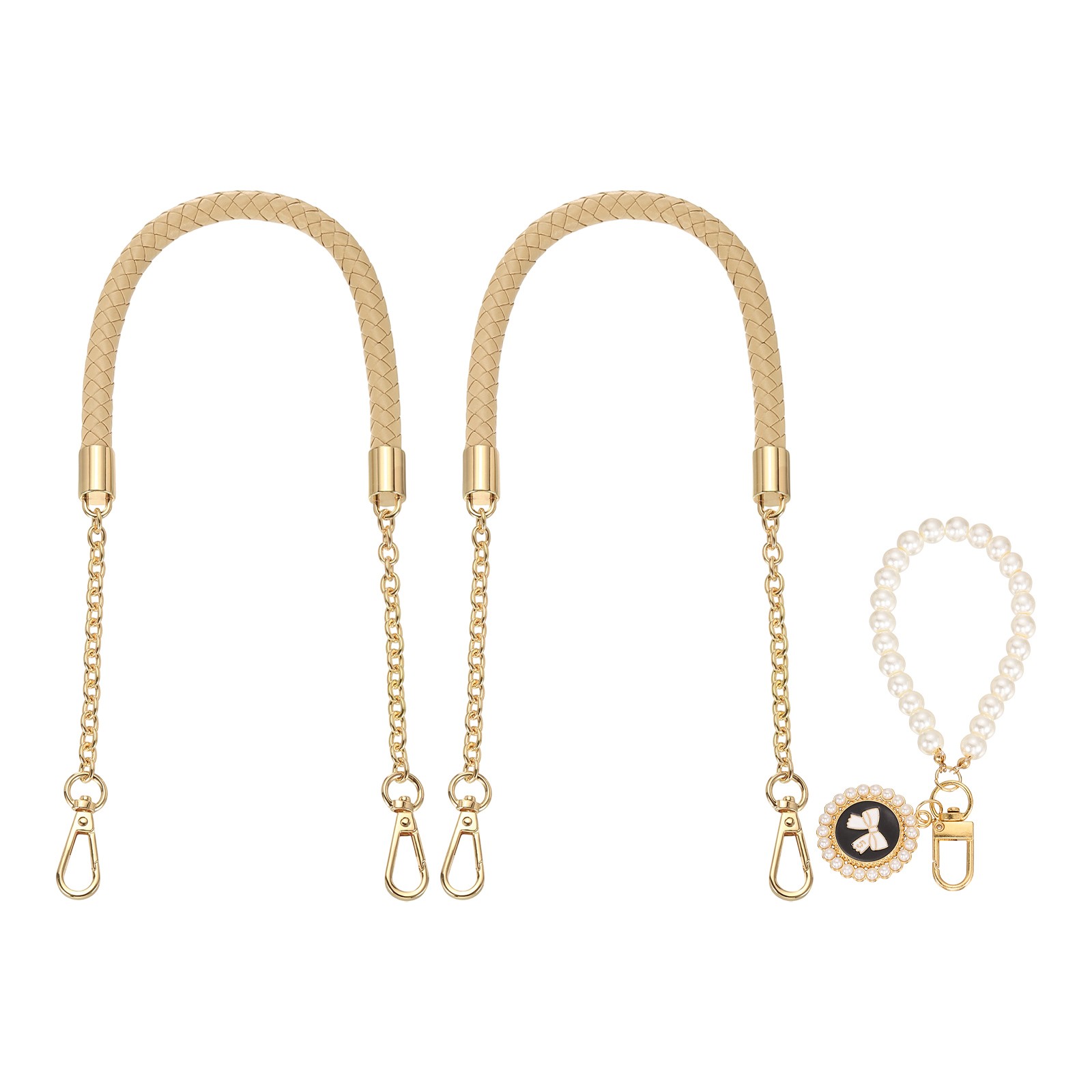 2Pcs 23.6Inch PU Leather Purse Strap with Pendant (Beige, Light Gold Chain)