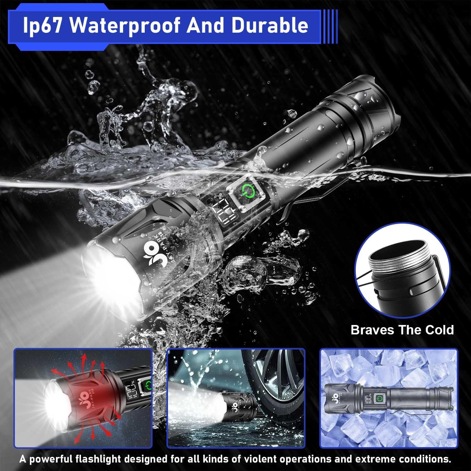 High Lumen Flashlight - 100000 Lumens, Rechargeable 5000mAh with LCD Display,...