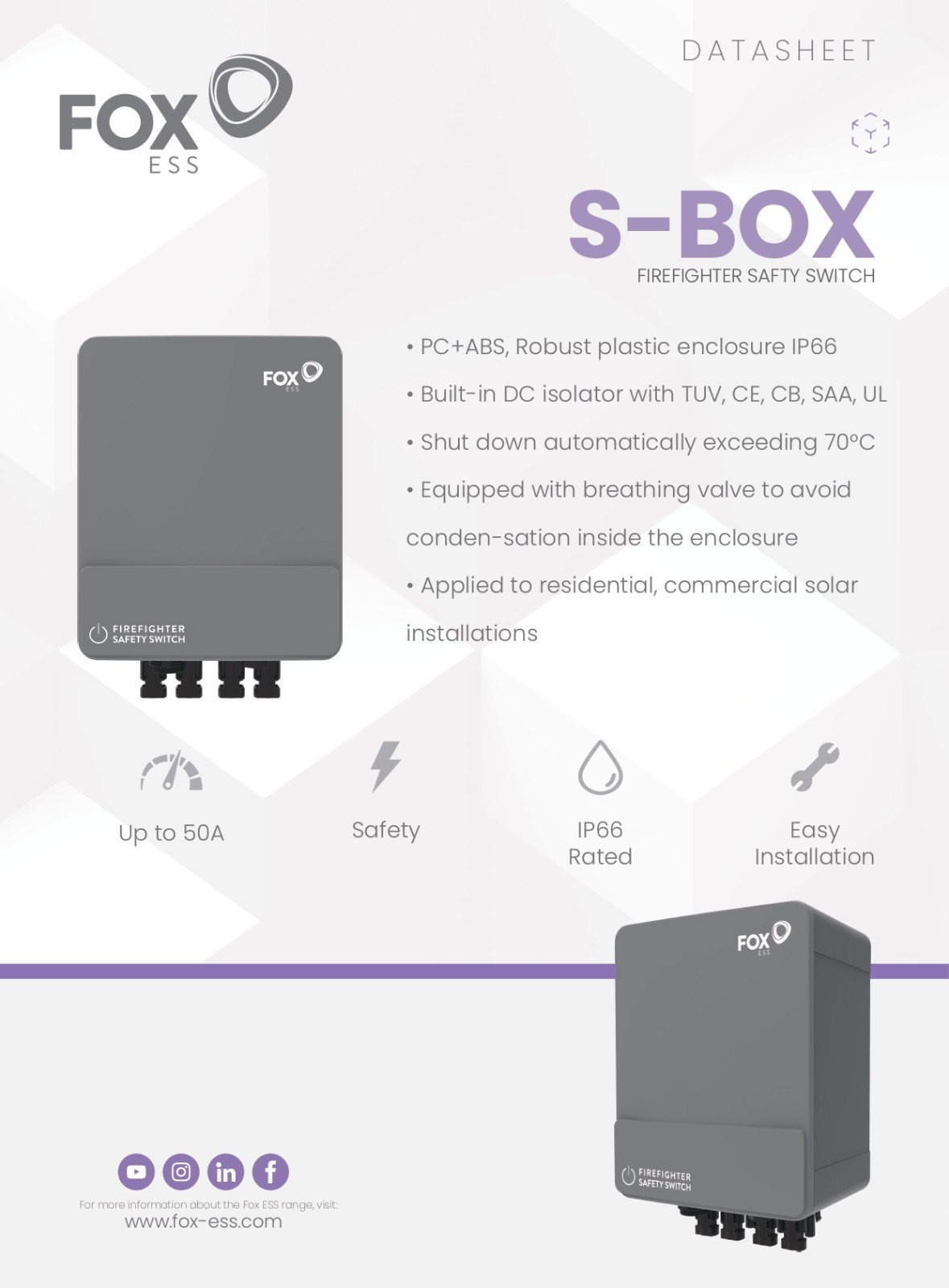 Fox ESS S-Box Firefighter Safety Switch 2 Strings DC Disconnect Solar PV IP66