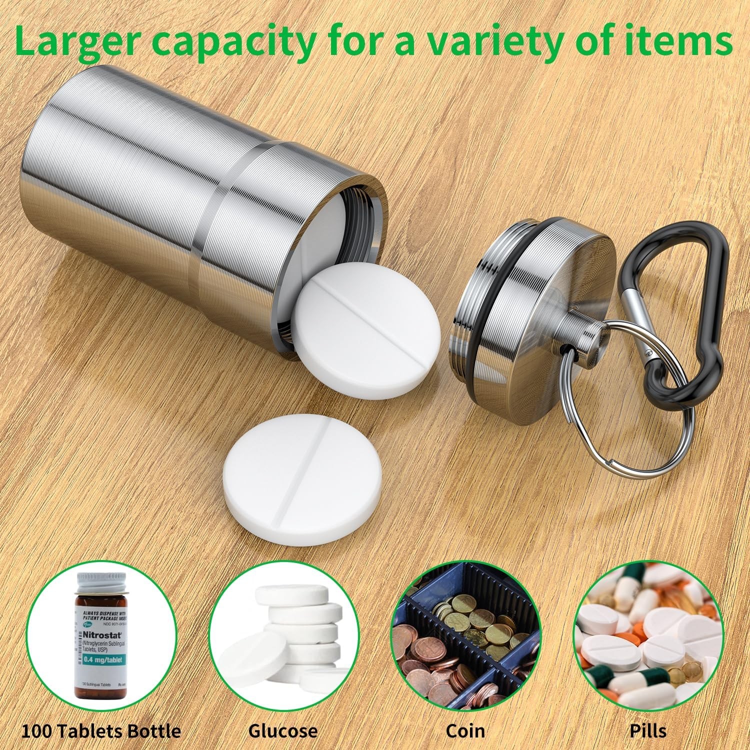 Portable Pill Case Keychain (2 Pack), Large (Pack of 2), Black Silver