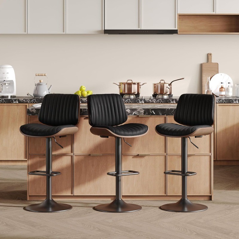 Bar Stools Set of 3 Adjustable Modern Swivel Chairs 26-34.5 Inch with Footrests