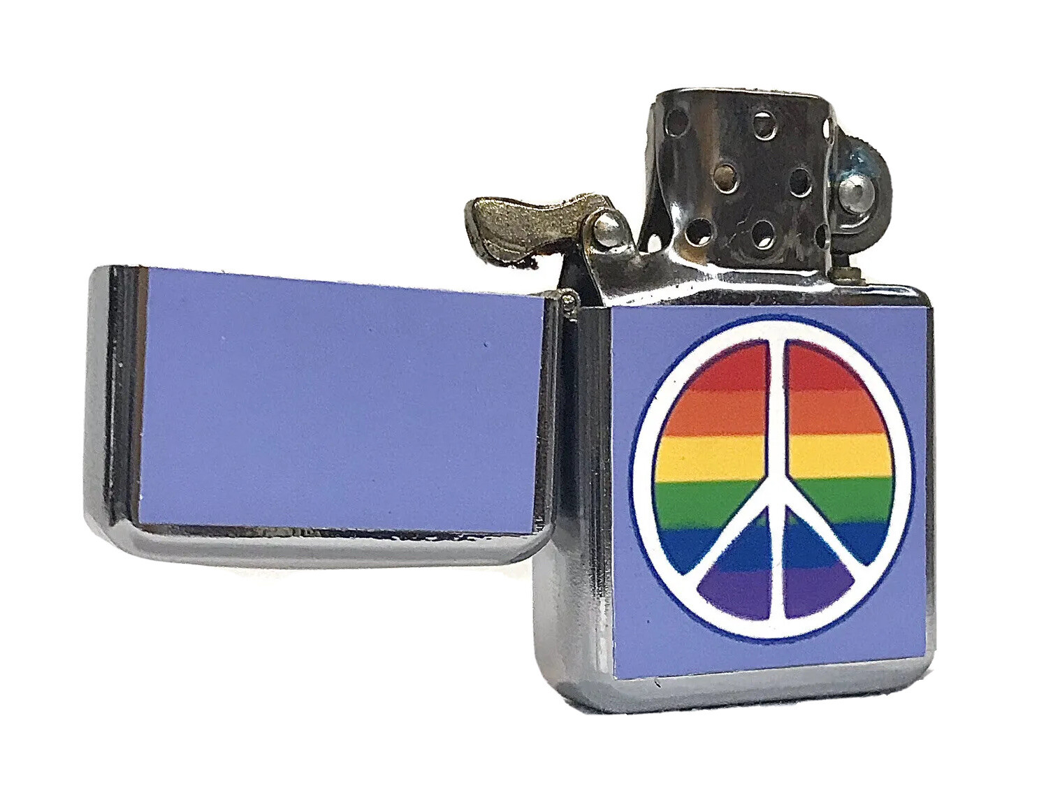 Rainbow Peace Sign Flip Top Chrome Oil Lighter Wind Resistant Flame
