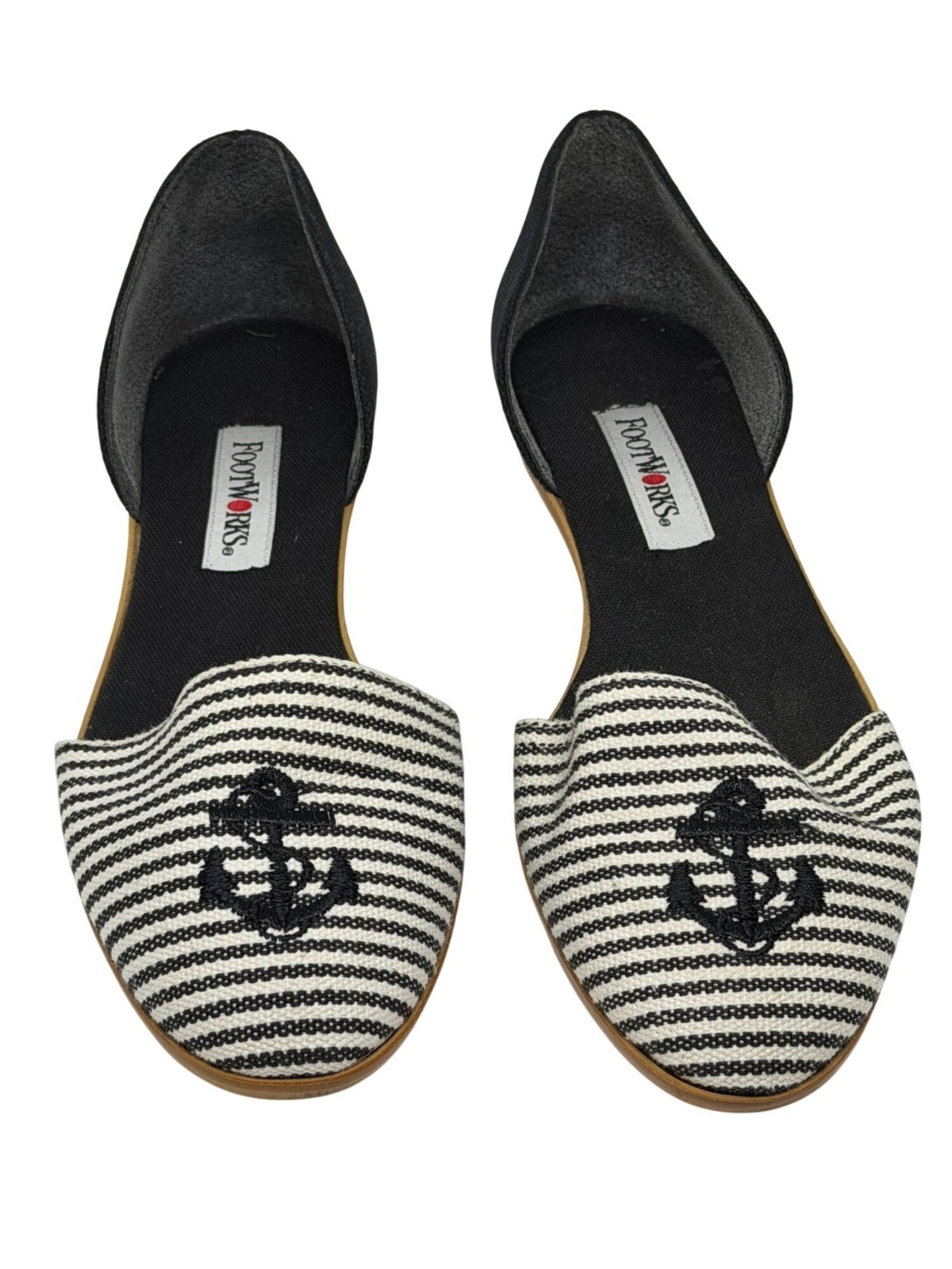 FootWorks Womens D'orsey Flats Black White Stripe Anchor Nautical Slip  On Shoes