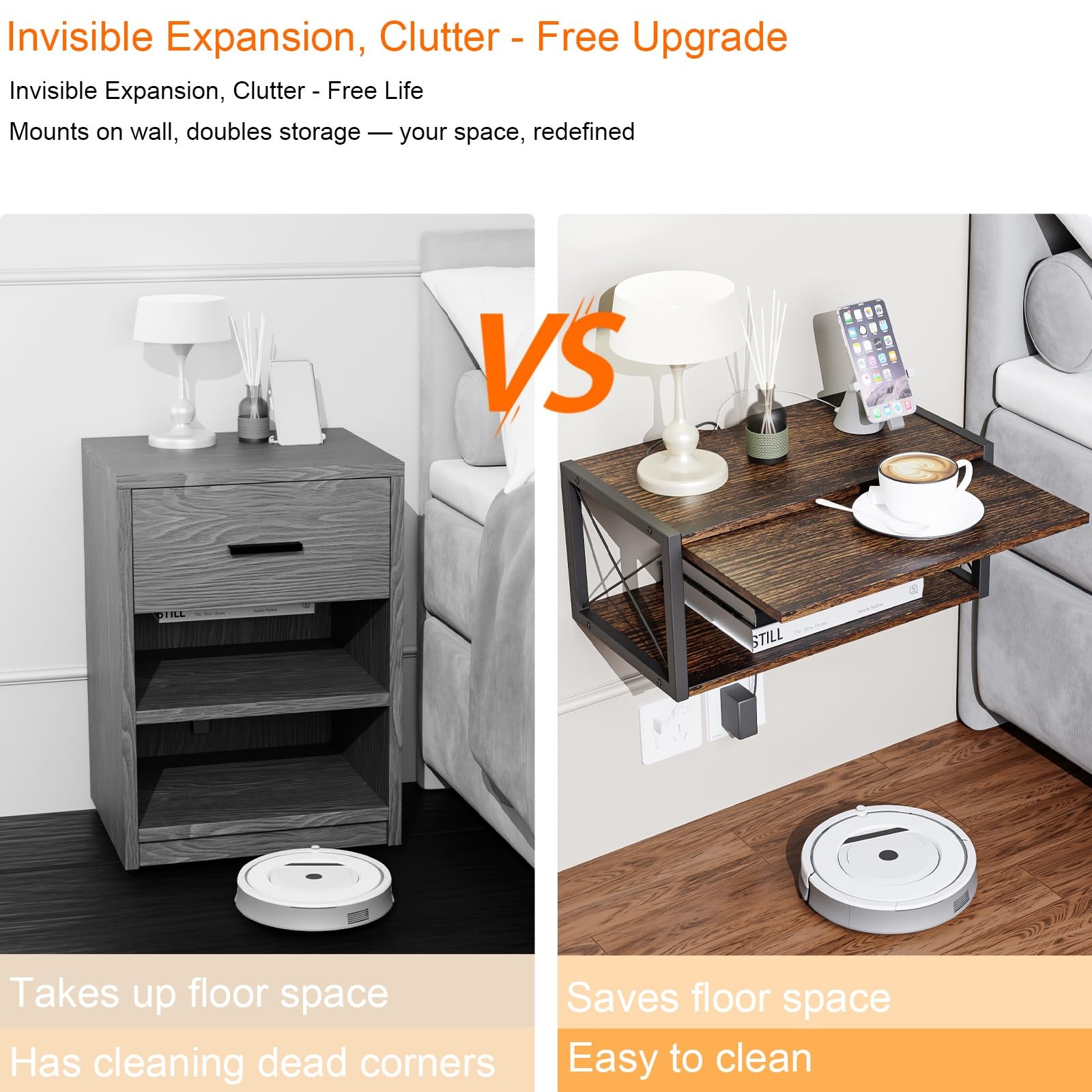 2-Tier Floating Nightstand, Wall Mounted Bedside Table, Wood Bedside Shelf Wa...