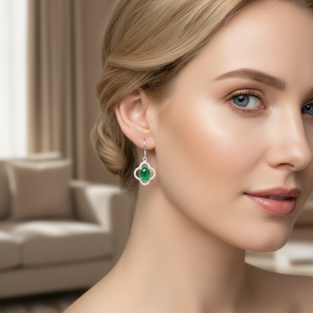 925 Sterling Silver Earrings 9x7mm Natural Emerald Zircon Flower Handmade Drop
