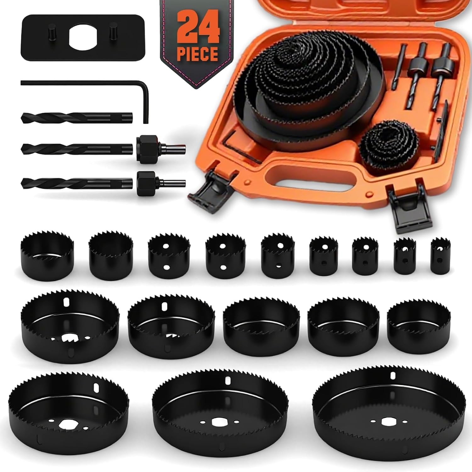Hole Saw Set 24PCS Kit Drill Bits Blades Mandrels PVC Drywall Wood Plastic