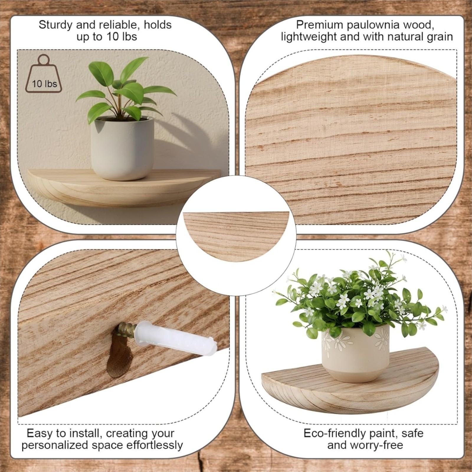 4 PACK Solid Wood Half Round Floating Wall Shelves | Elegant Floating