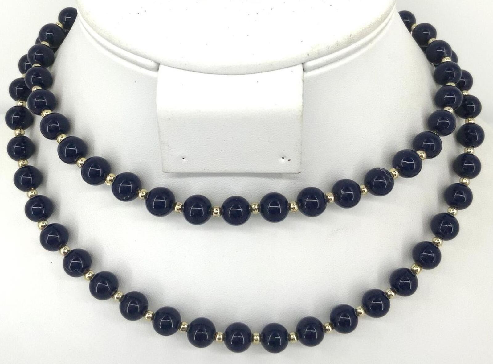 Vintage Navy Blue Glass Bead Goldtone Necklace Classic Preppy Strand