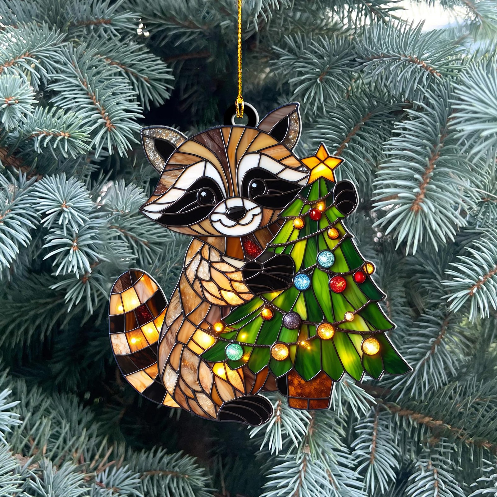 Raccoon Christmas Ornament – Acrylic Suncatcher Hanging Decor, Cute Raccoon G...