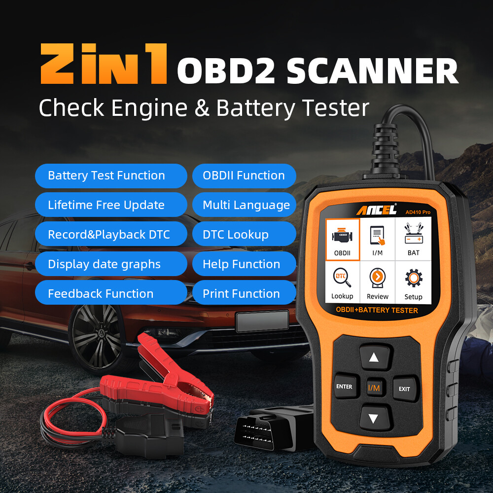 ANCEL AD410 PRO 12V Battery Tester & Car Code Reader OBD2 Engine Diagnostic Tool