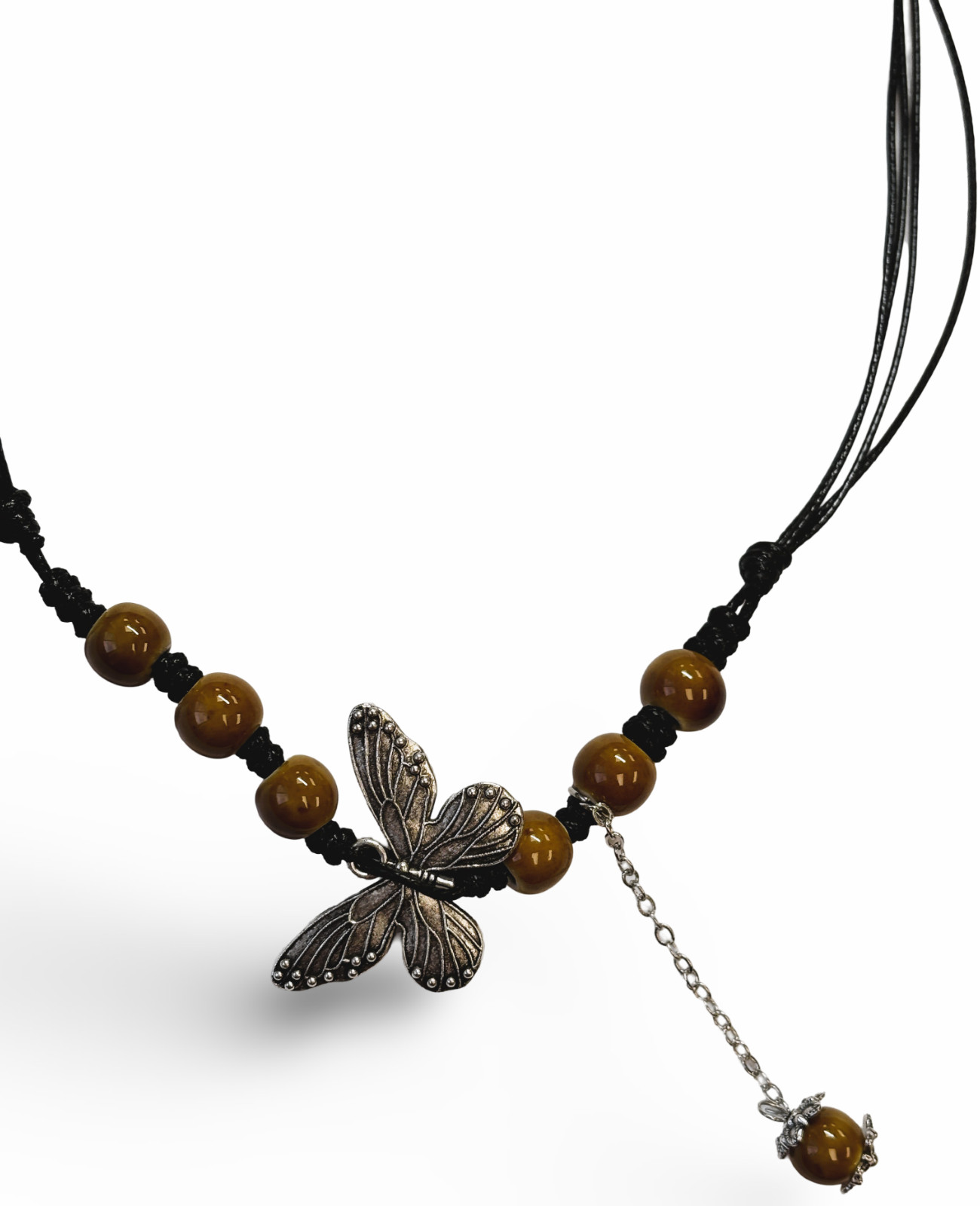 Brown Bead Silver Butterfly Pendant Charm Blessing Vintage Necklace