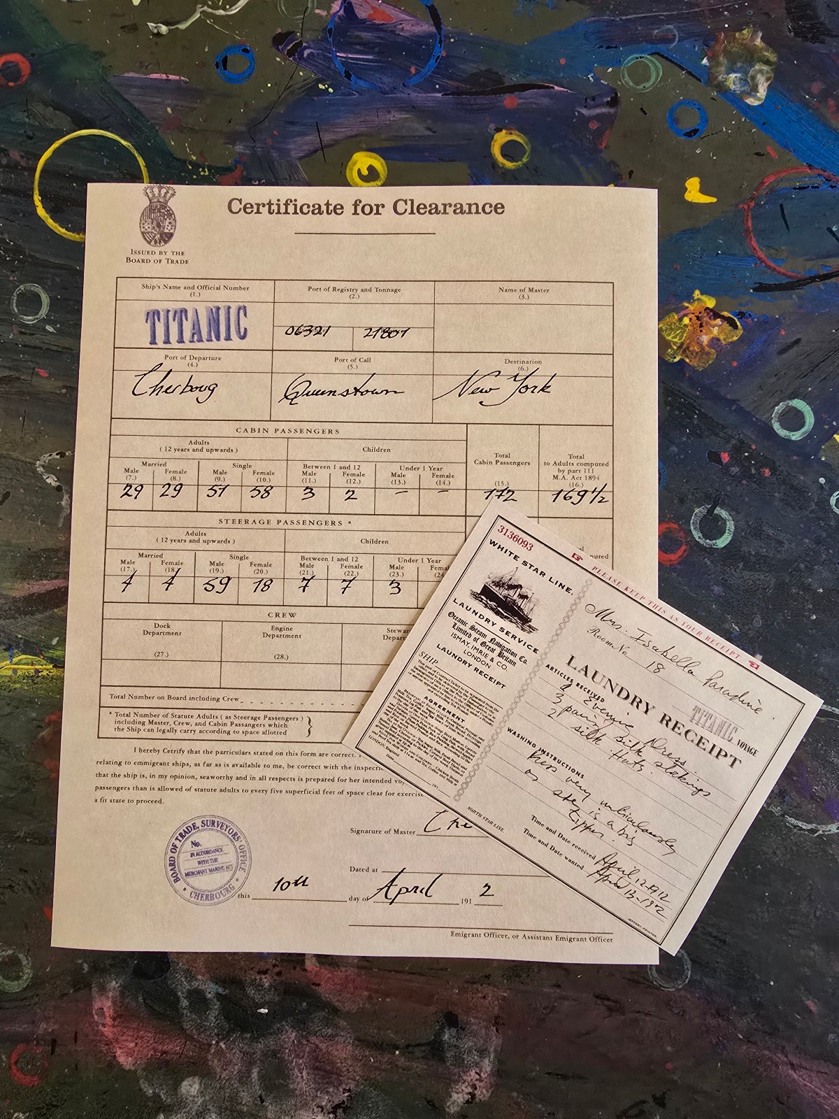 Titanic White Star Line Document Props Certificate Clearance Laundry Receipt