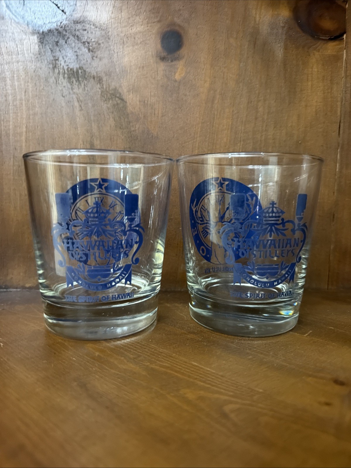 Hawaiian Distillers Honolulu 616 Rocks Glass Set Of 2 Blue Graphic Logo Aloha