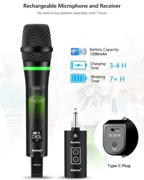 Wireless Microphone Rechargeable, 168FT Range Bluetooth Microphone Black