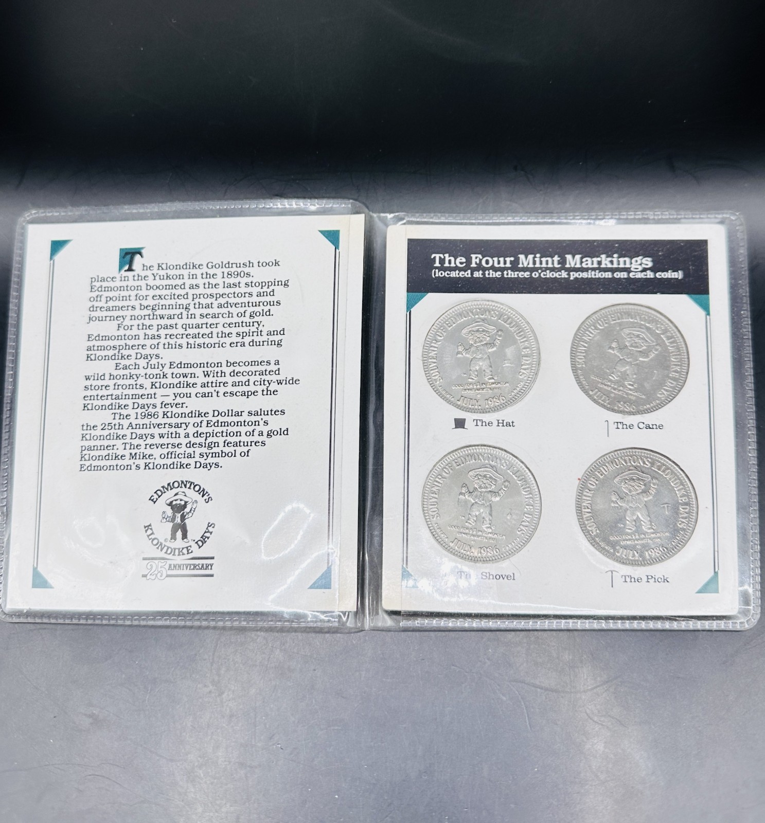 1986 Klondike Days Commemorative Pack. Four Dollars With Four Mint Markings.