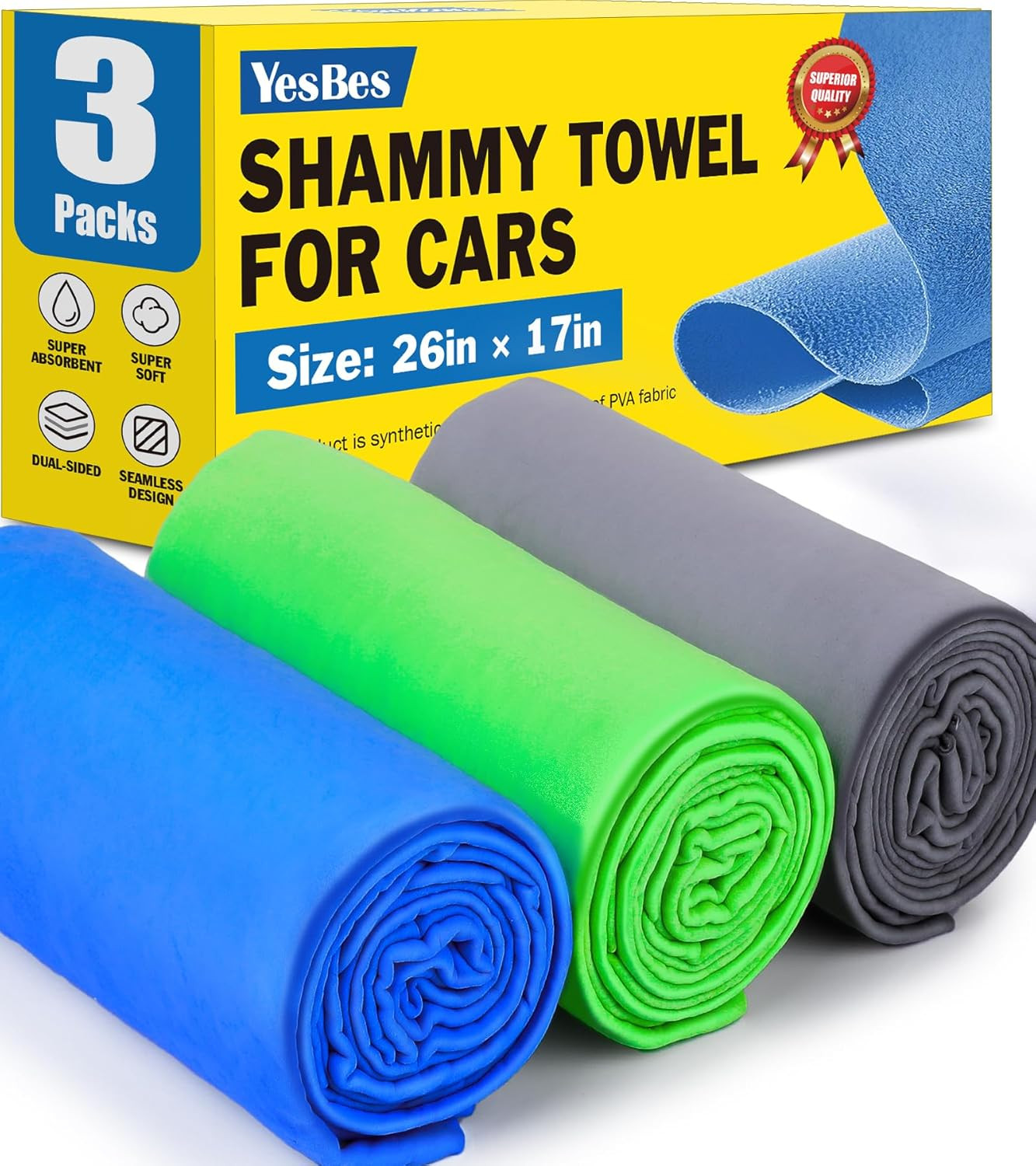 3 Pack Premium Shammy Cloth for Car Drying, 26”X17” Chamois Towel for Car, Super