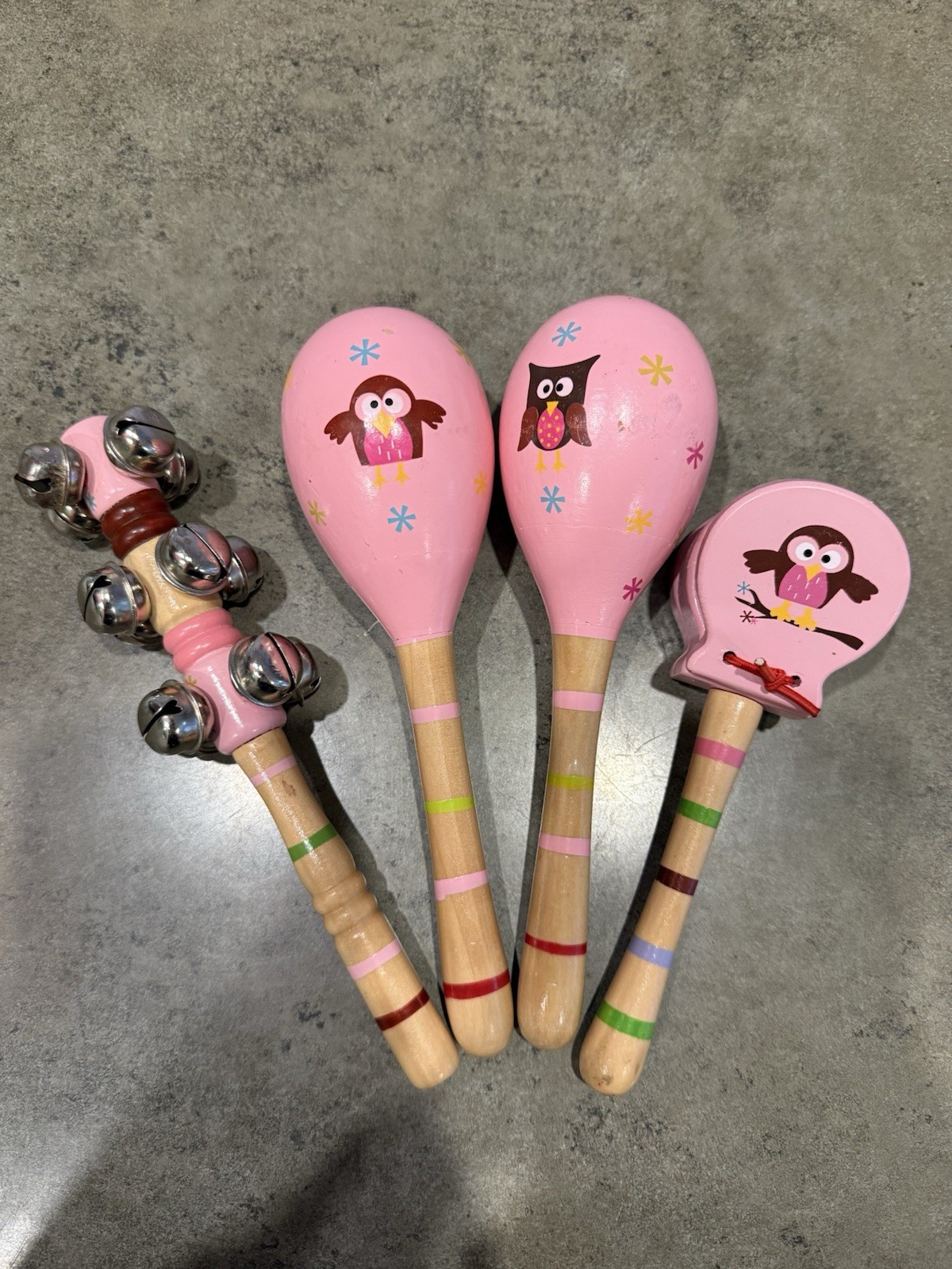 Children’s Hand Held Musical Instrument Set Maracas Clapper Bells Lot Of 4
