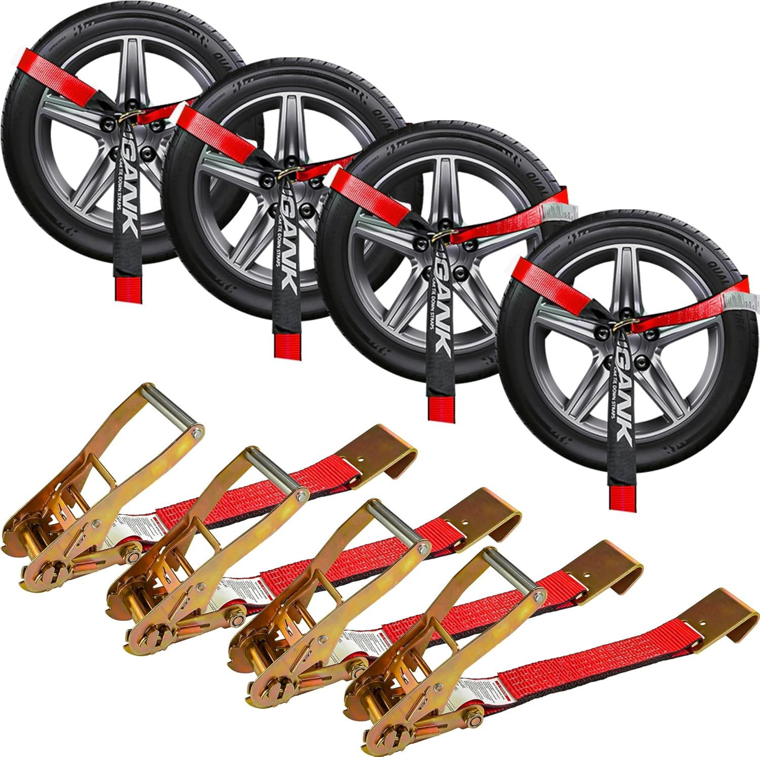 4 Pack 2x96 Car Tire Tie Down Straps Flat Hooks Trailer Wheel Straps