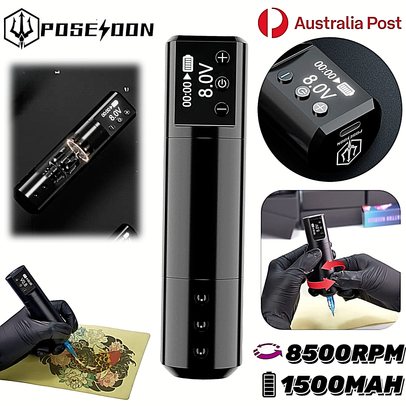 POSEIDON Tattoo Machine Pen Gun Rotary Motor Wireless Battery Power Supply LCD