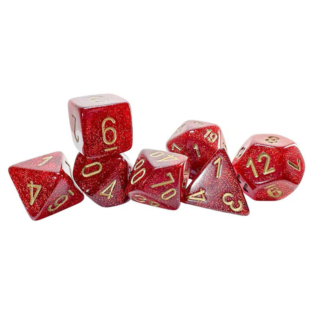 Chessex Mega-Hedral™ GlitterⓇ Ruby Polyhedral with Gold Numbers - Set of 7