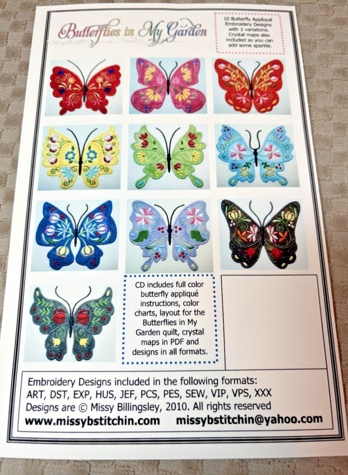 Missy B Stichin - Butterflies in My Garden -Ebroidery Applique Designs cd
