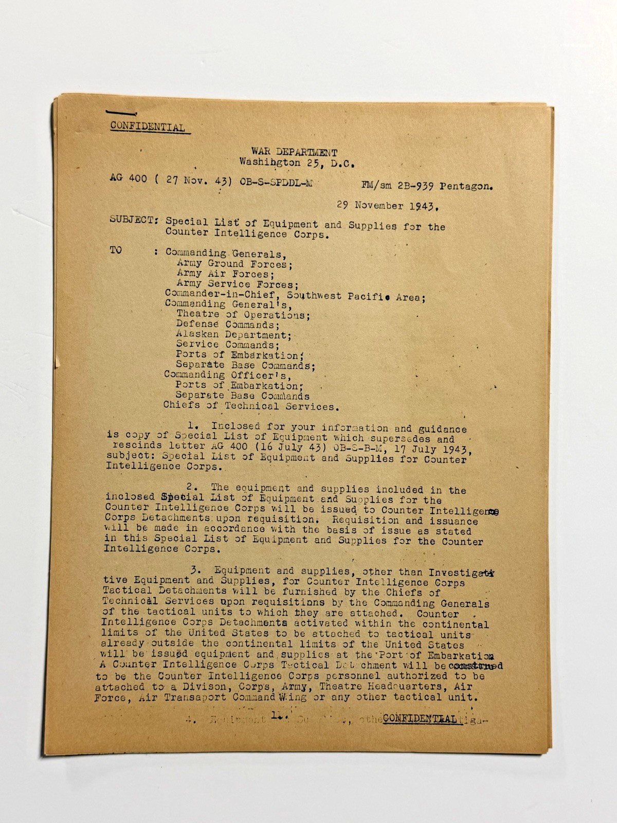 WW2 "Confidential" Memorandum U.S. War Department; November 29, 1943