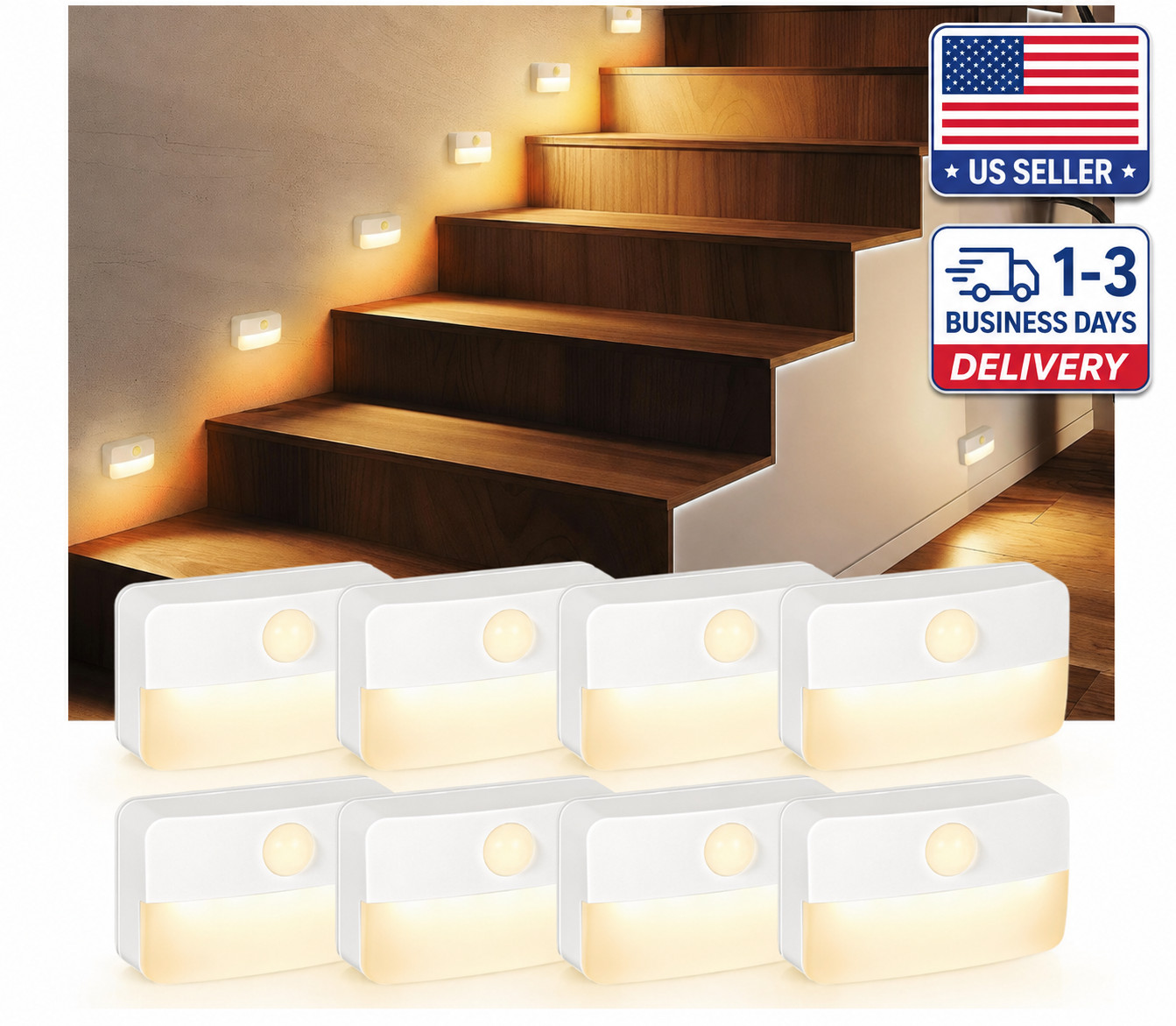 8 Pack Motion Sensor Stair Lights Indoor Battery Operated Wireless LED Night