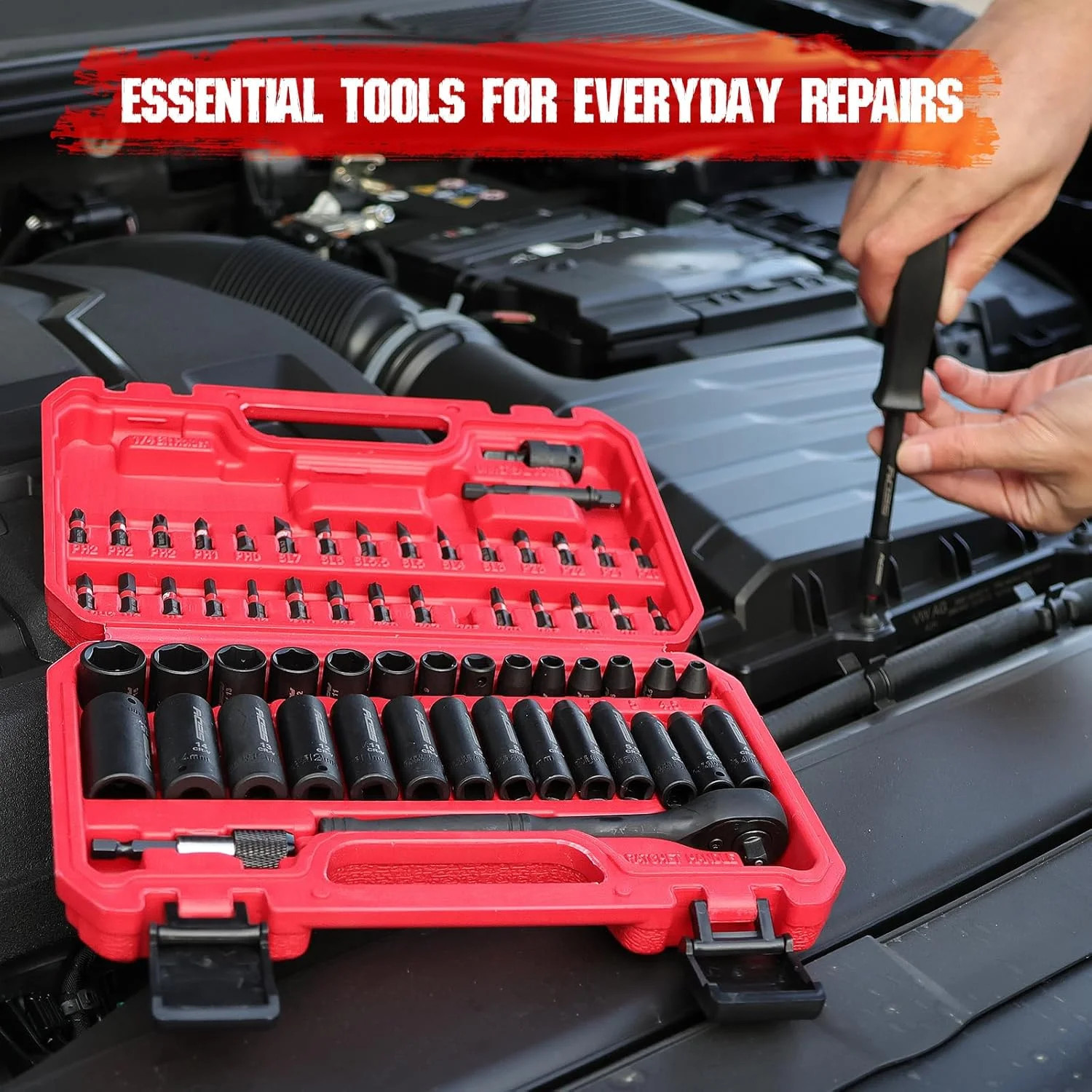 64-Piece 1/4" Drive Impact Socket Wrench Driver-Bits Set, Cr-V Metric&SAE Deep a