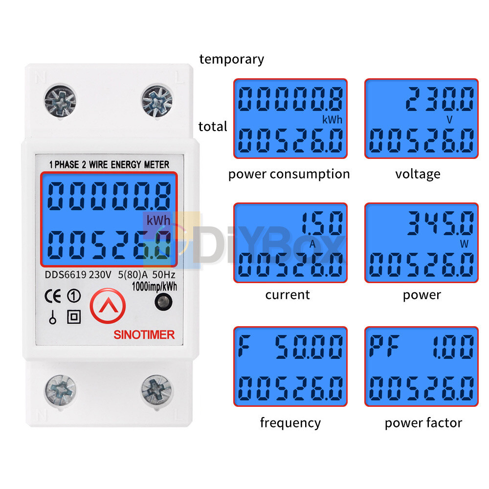 Digital Wattmeter AC 230V 5(80)A Power Energy Din Rail KWH Voltage Current Meter