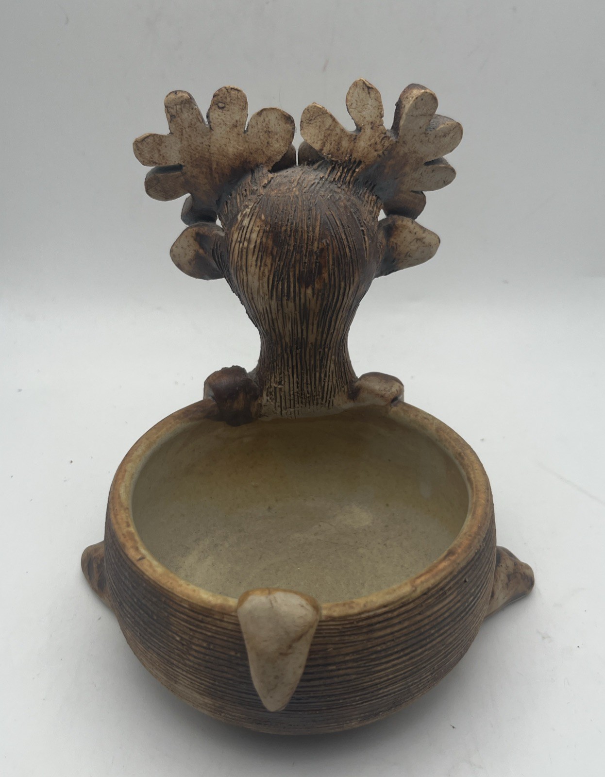 Handcrafted ceramic planter fashioned into a whimsical reindeer, Stamped EUC