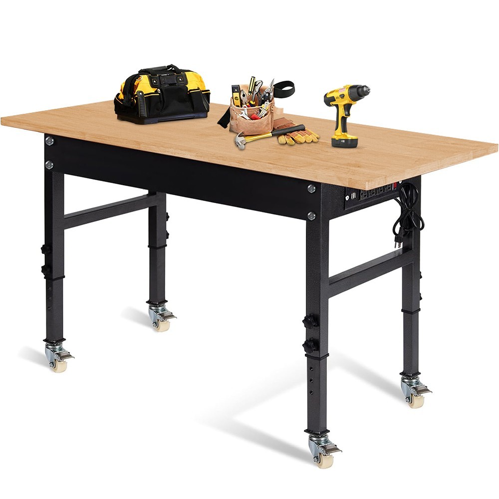 60" Adjustable Work Bench with Power Outlet and Wheels,Rubber Wood Top Workbench